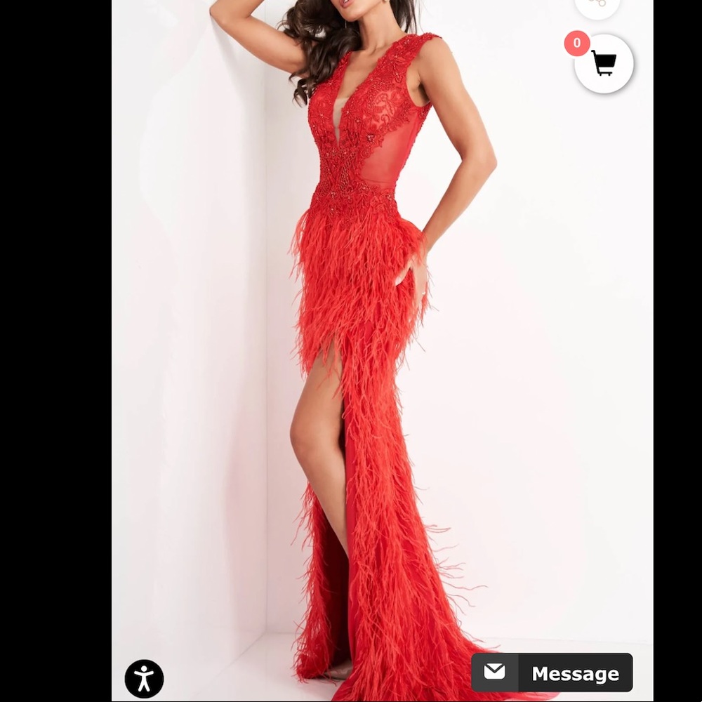 Red Embroidered Feather High Slit Dress